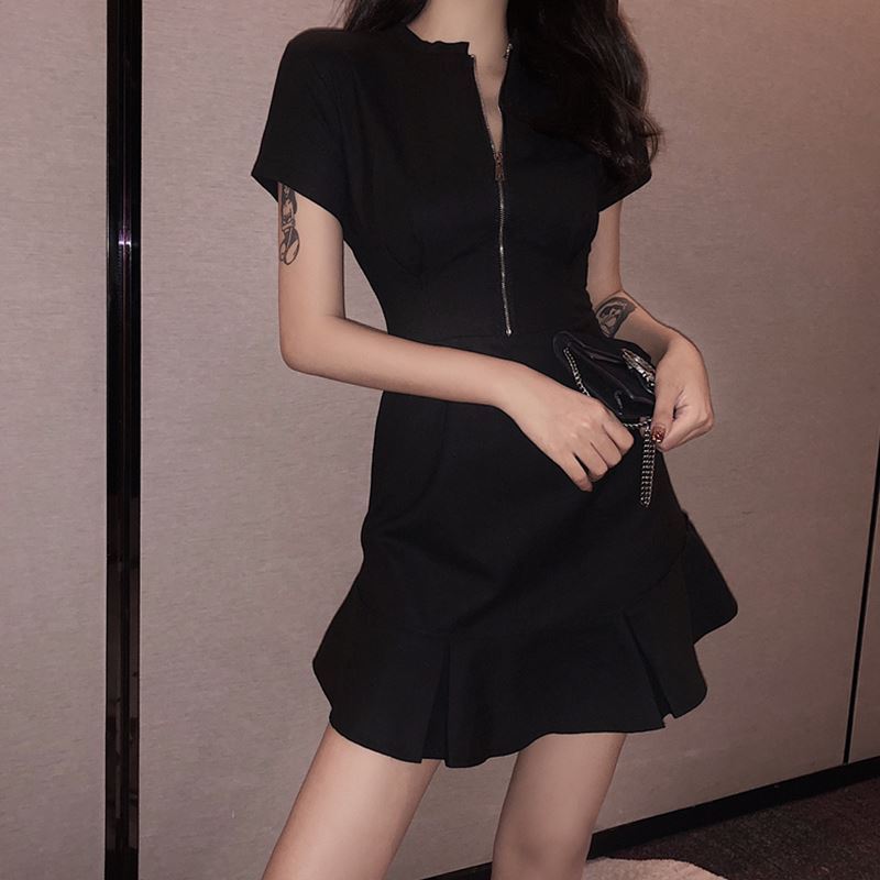 Versatile Waist Fashion Show Thin Solid Color Retro Chic Short Sleeve Ruffle Dress Fashion