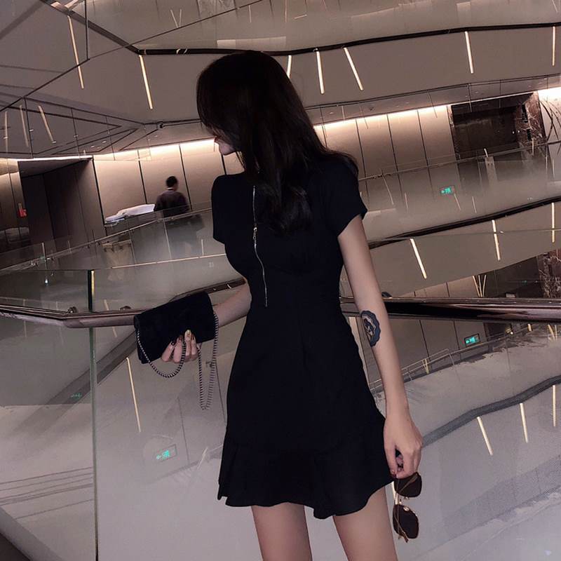 Versatile Waist Fashion Show Thin Solid Color Retro Chic Short Sleeve Ruffle Dress Fashion