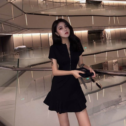 Versatile Waist Fashion Show Thin Solid Color Retro Chic Short Sleeve Ruffle Dress Fashion