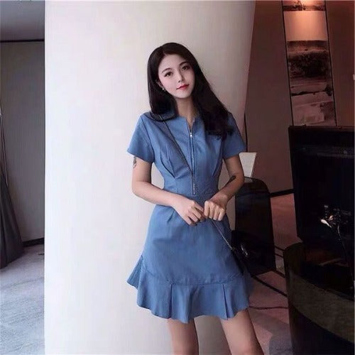 Versatile Waist Fashion Show Thin Solid Color Retro Chic Short Sleeve Ruffle Dress Fashion