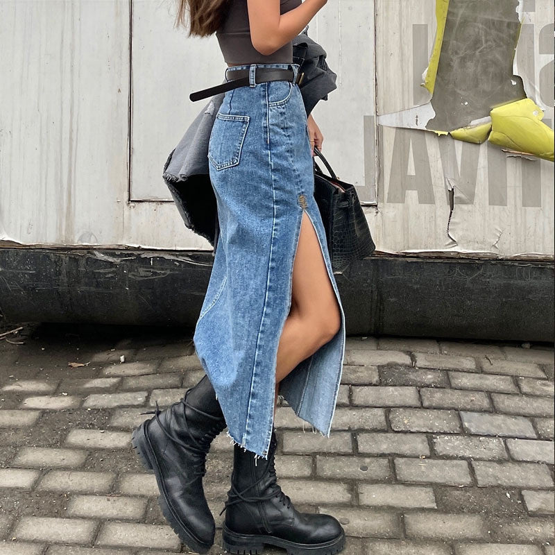 Jupe en Jean Mi-Longue Fendue Taille Haute Coupe Évasée