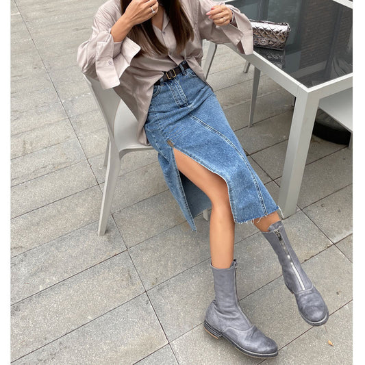 High Waist Slim Buttocks Sexy A-line Mid-length Slit Denim Skirt Simple