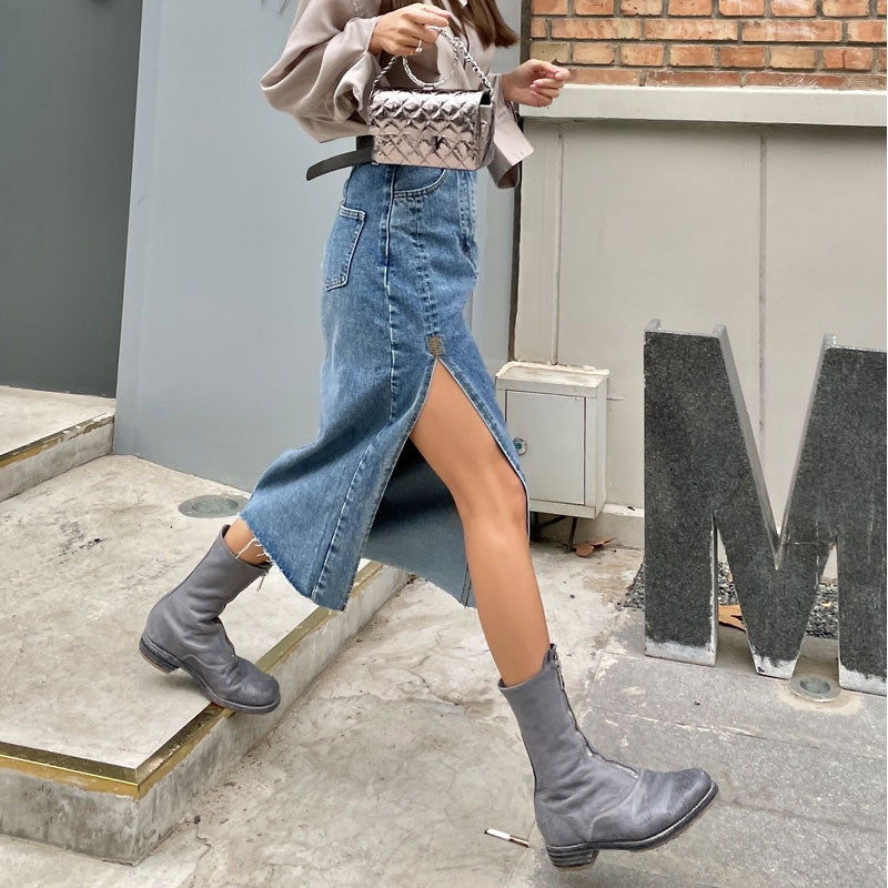Jupe en Jean Mi-Longue Fendue Taille Haute Coupe Évasée
