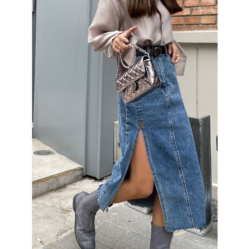 High Waist Slim Buttocks Sexy A-line Mid-length Slit Denim Skirt Simple