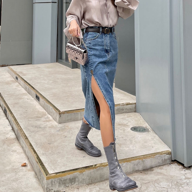 Jupe en Jean Mi-Longue Fendue Taille Haute Coupe Évasée