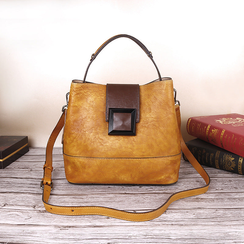 Sac seau en cuir de style chinois rétro pour femme, taille moyenne