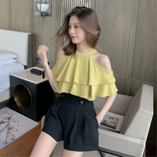Off-Shoulder Ruffled Short-Sleeved Chiffon Shirt Super Fairy