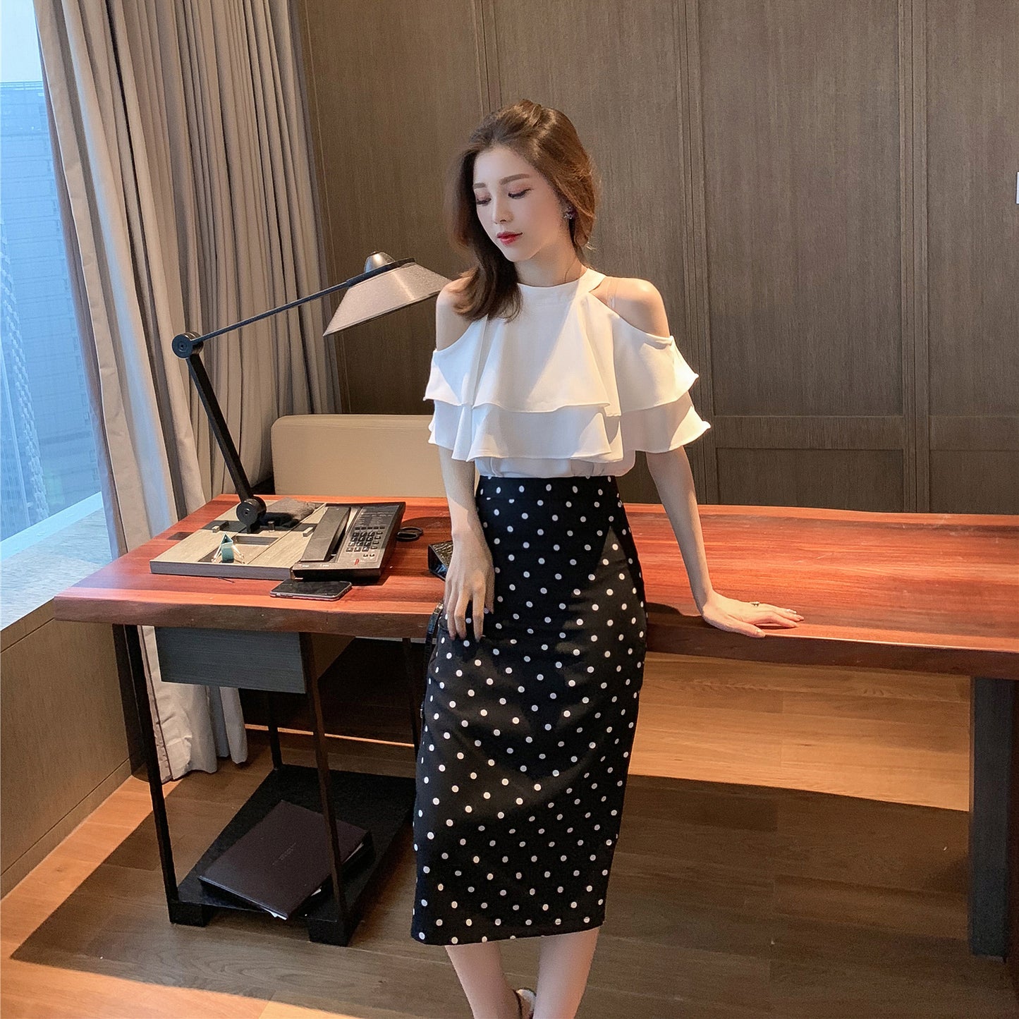 Off-Shoulder Ruffled Short-Sleeved Chiffon Shirt Super Fairy