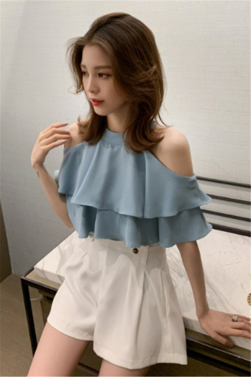 Off-Shoulder Ruffled Short-Sleeve Chiffon Shirt Super Fairy