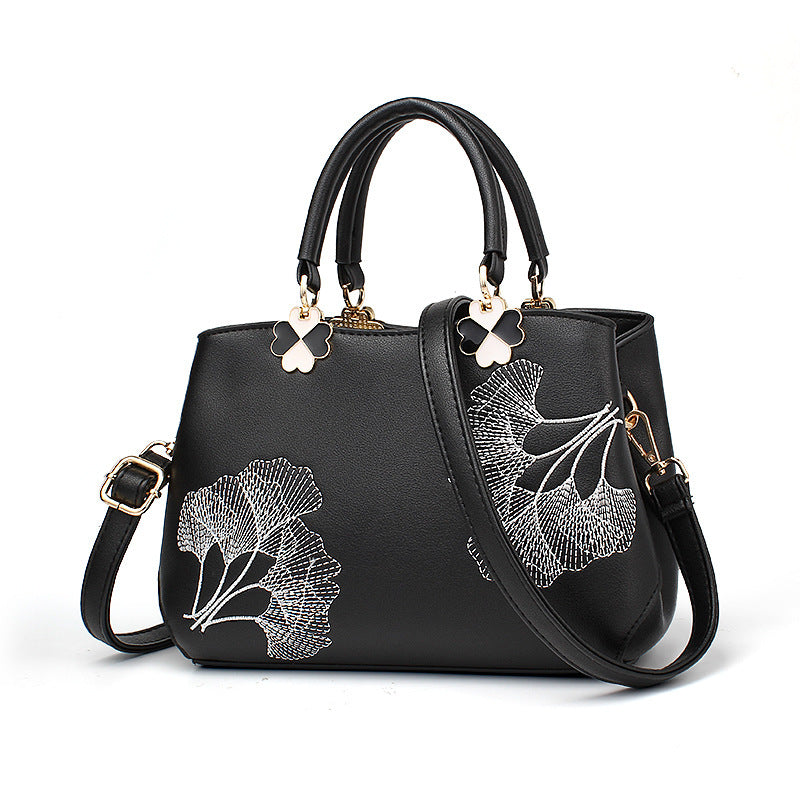 Embroidered Large One-Shoulder Handbag with Zipper Pocket