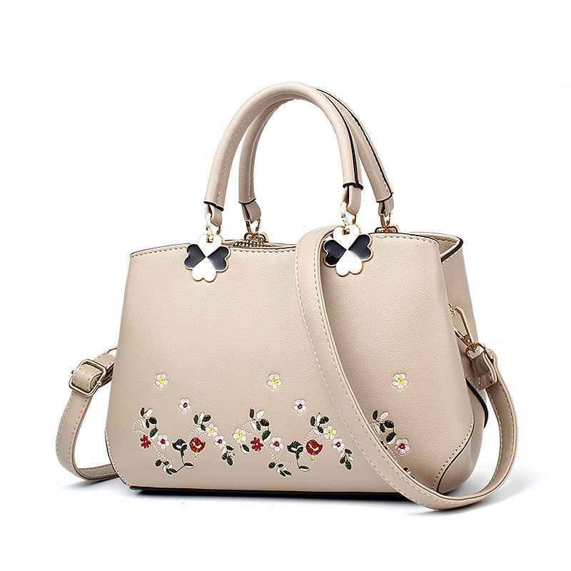 Embroidered Large One-Shoulder Handbag with Zipper Pocket