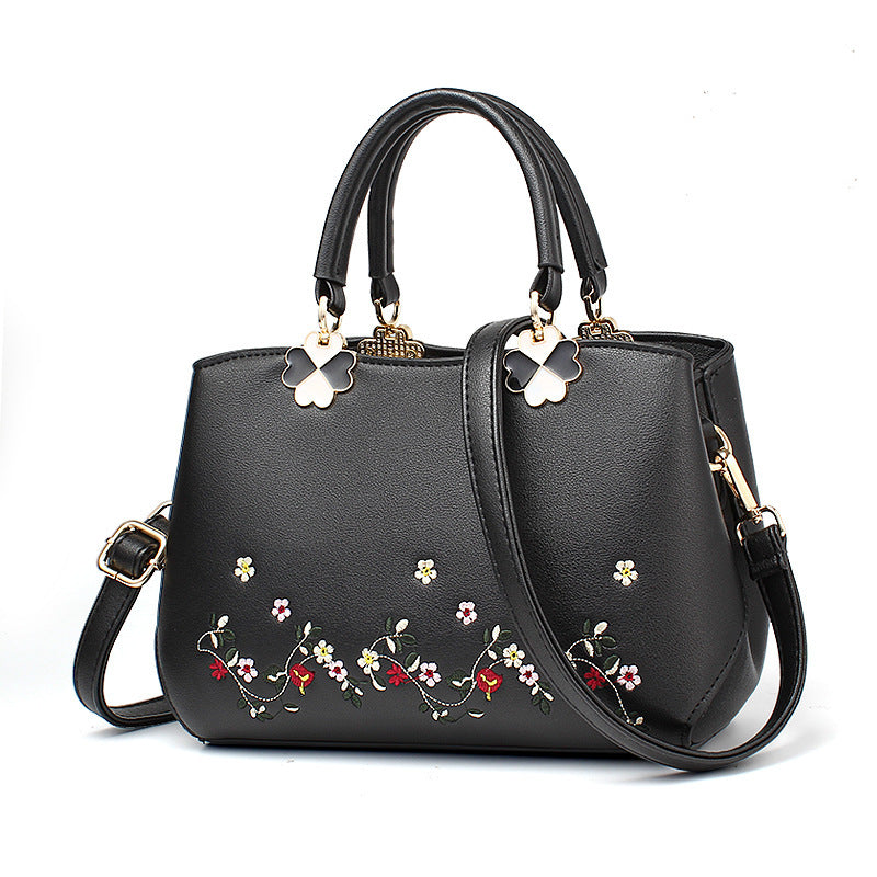 Embroidered Large One-Shoulder Handbag with Zipper Pocket