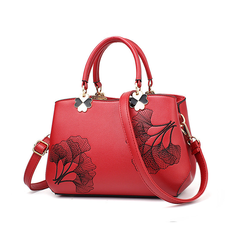 Embroidered Large One-Shoulder Handbag with Zipper Pocket