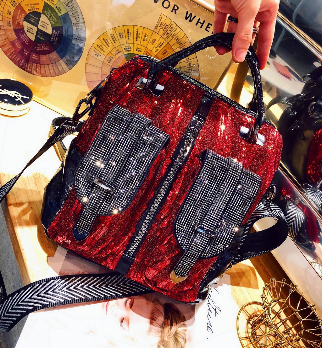 Sac bandoulière oblique moyen en velours côtelé avec strass et paillettes en cuir souple