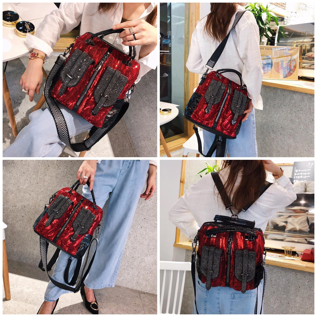 Sac bandoulière oblique moyen en velours côtelé avec strass et paillettes en cuir souple