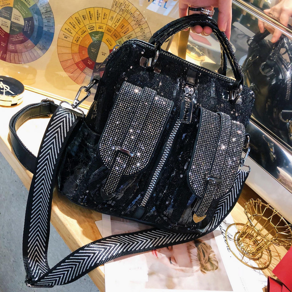 Sac bandoulière oblique moyen en velours côtelé avec strass et paillettes en cuir souple