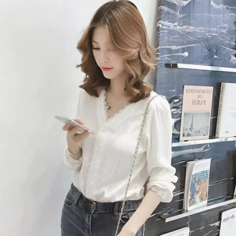 White V-Neck Casual Long Sleeve Shirt