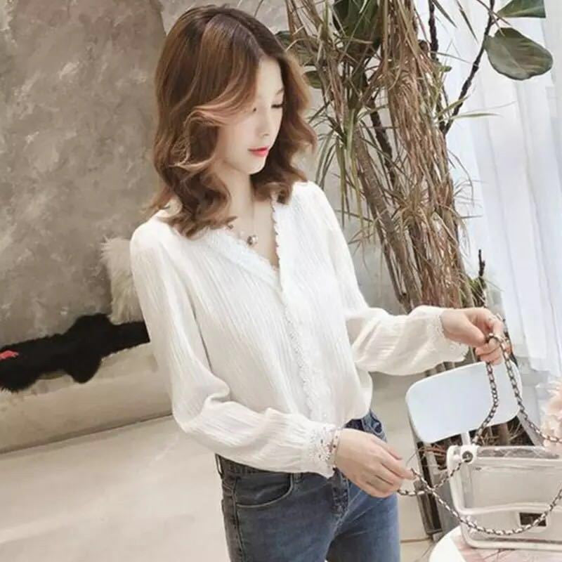 White V-Neck Casual Long Sleeve Shirt