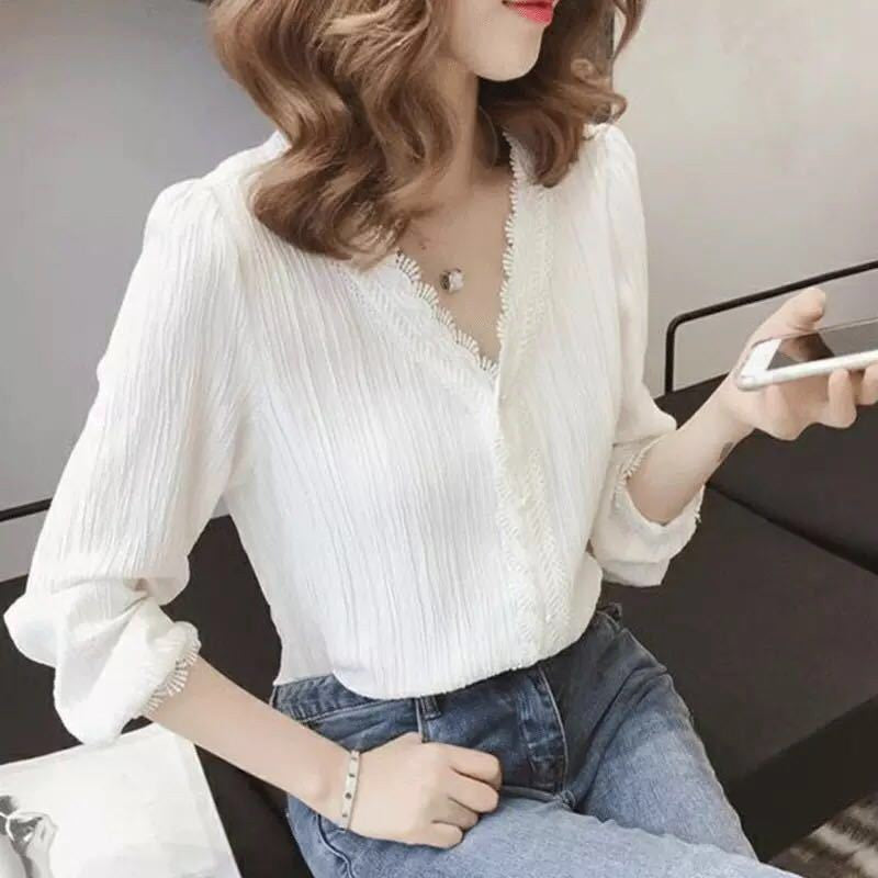 White V-Neck Casual Long Sleeve Shirt