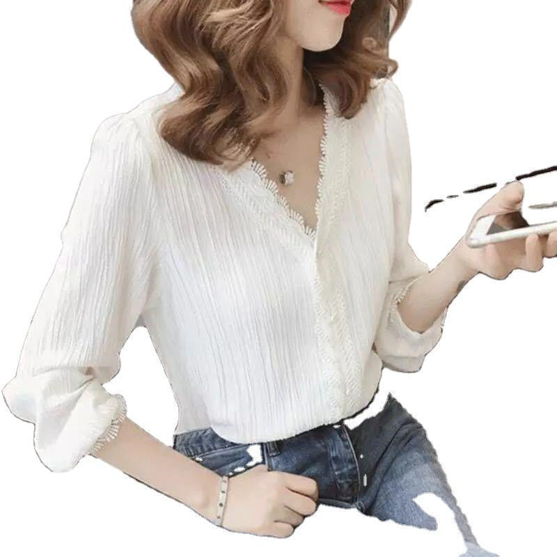 White V-Neck Casual Long Sleeve Shirt