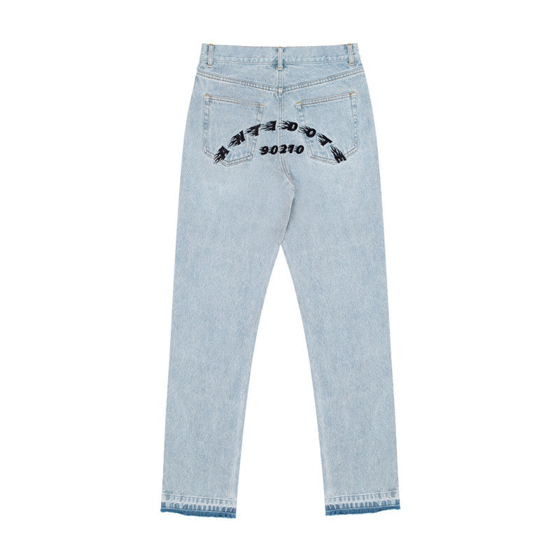 Black Washed Frayed Edging Distressed Embroidered Straight-Leg Jeans