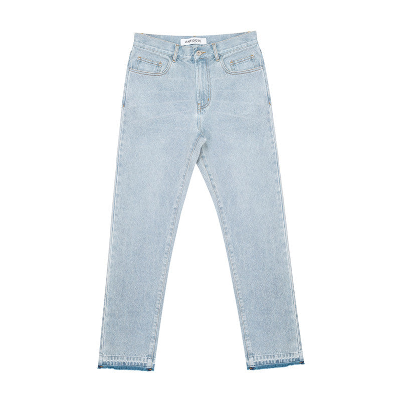 Black Washed Frayed Edging Distressed Embroidered Straight-Leg Jeans