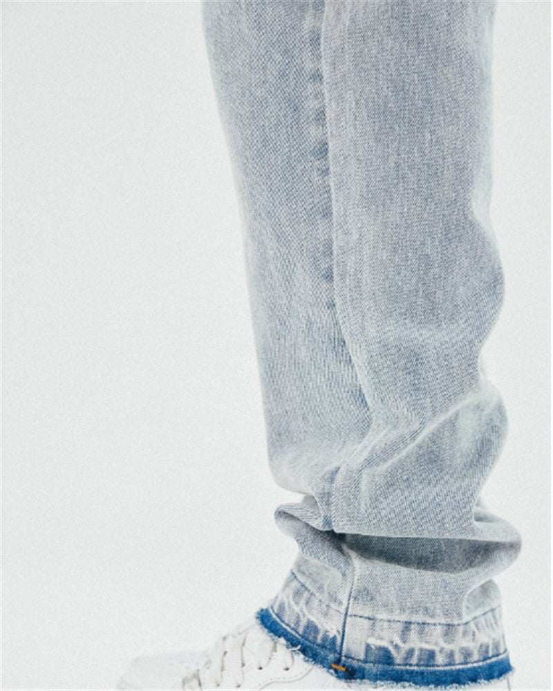 Black Washed Frayed Edging Distressed Embroidered Straight-Leg Jeans