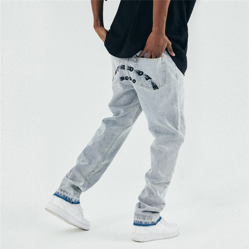 Black Washed Frayed Edging Distressed Embroidered Straight-Leg Jeans