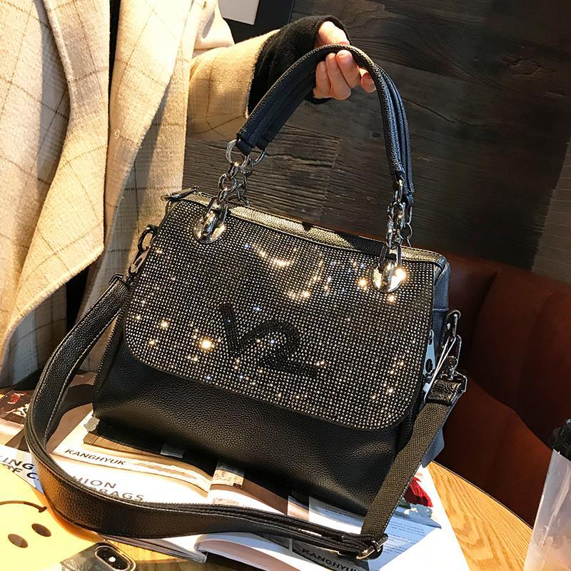 Large-Capacity Cowhide Leather Handbag With Rhinestones