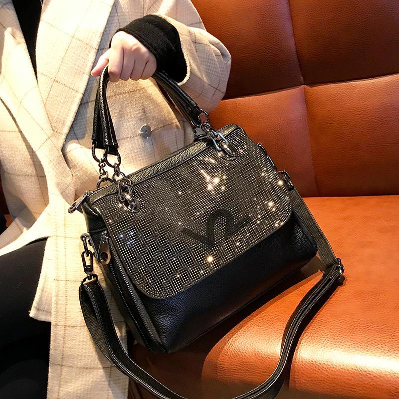 Large-Capacity Cowhide Leather Handbag With Rhinestones