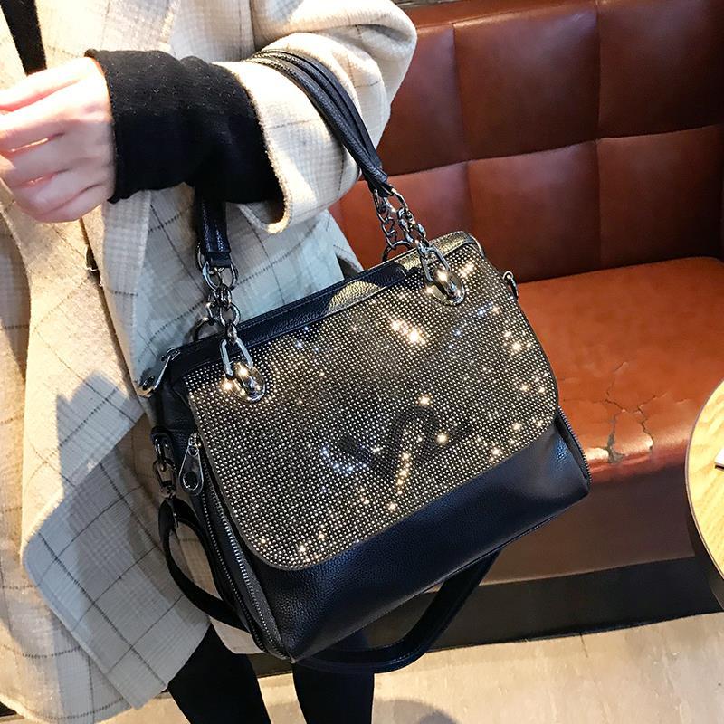 Large-Capacity Cowhide Leather Handbag With Rhinestones