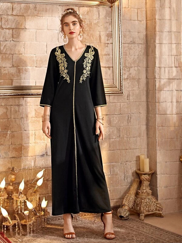 V-Neck Ramadan Long Skirt Muslim Embroidered Dress