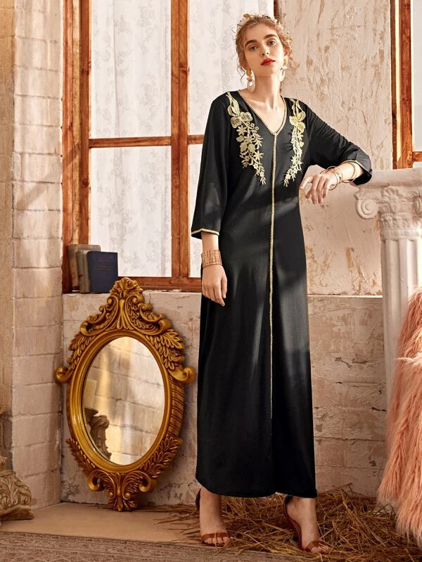 V-Neck Ramadan Long Skirt Muslim Embroidered Dress