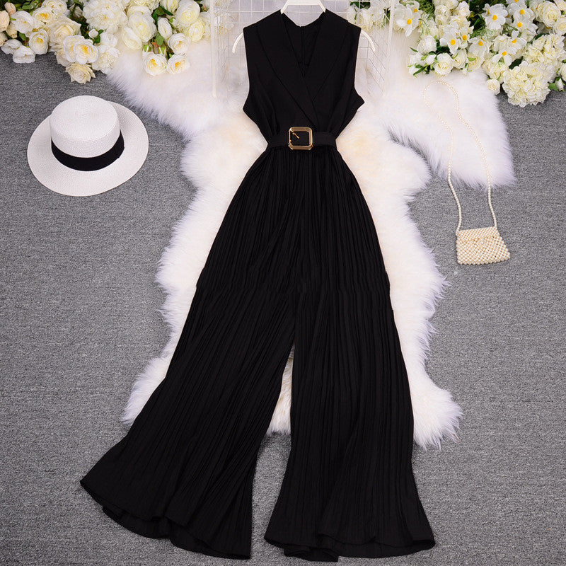 Suit Women'S Suit Collar Sleeveless Waist Waist Slimming Light Wide-Leg Pants