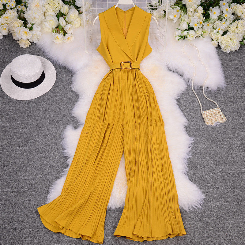 Suit Women'S Suit Collar Sleeveless Waist Waist Slimming Light Wide-Leg Pants