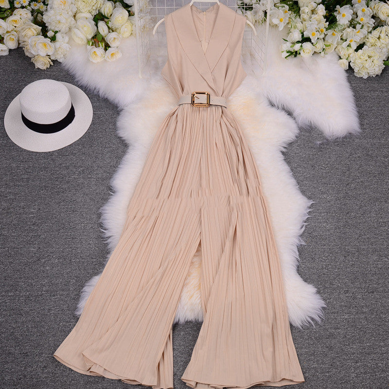 Suit Women'S Suit Collar Sleeveless Waist Waist Slimming Light Wide-Leg Pants