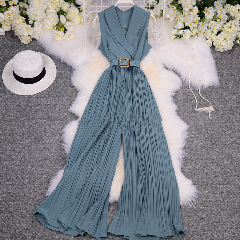 Suit Women'S Suit Collar Sleeveless Waist Waist Slimming Light Wide-Leg Pants