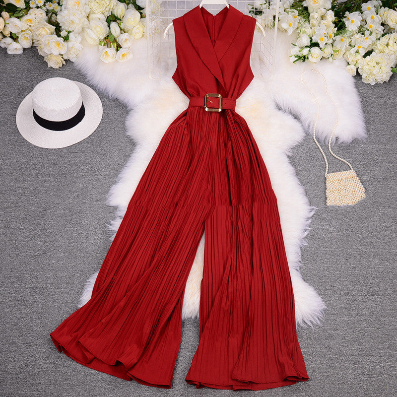 Suit Women'S Suit Collar Sleeveless Waist Waist Slimming Light Wide-Leg Pants