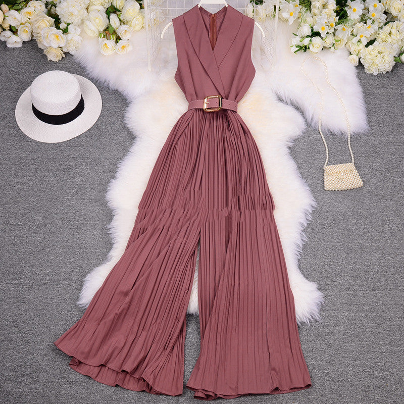 Suit Women'S Suit Collar Sleeveless Waist Waist Slimming Light Wide-Leg Pants