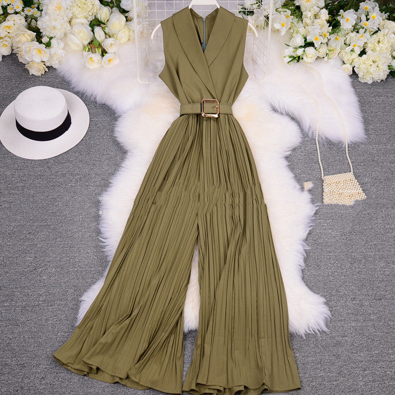 Suit Women'S Suit Collar Sleeveless Waist Waist Slimming Light Wide-Leg Pants