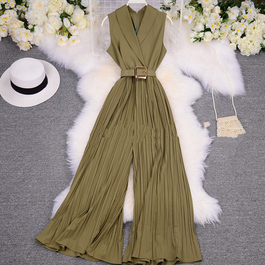 Suit Women'S Suit Collar Sleeveless Waist Waist Slimming Light Wide-Leg Pants