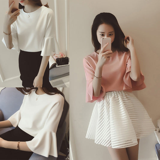 Casual Trumpet Sleeves White Top Elegant Ol Work Plus Size Clothing