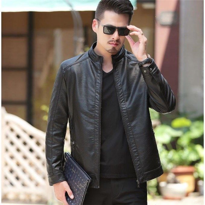 Men's Winter Leather Biker Jacket With Oblique Zipper and Hooded Coat