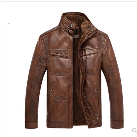 Men's Winter Leather Biker Jacket With Oblique Zipper and Hooded Coat