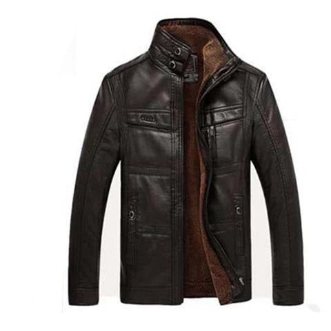 Men's Winter Leather Biker Jacket With Oblique Zipper and Hooded Coat