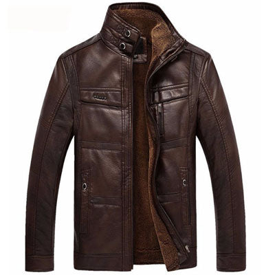Men's Winter Leather Biker Jacket With Oblique Zipper and Hooded Coat