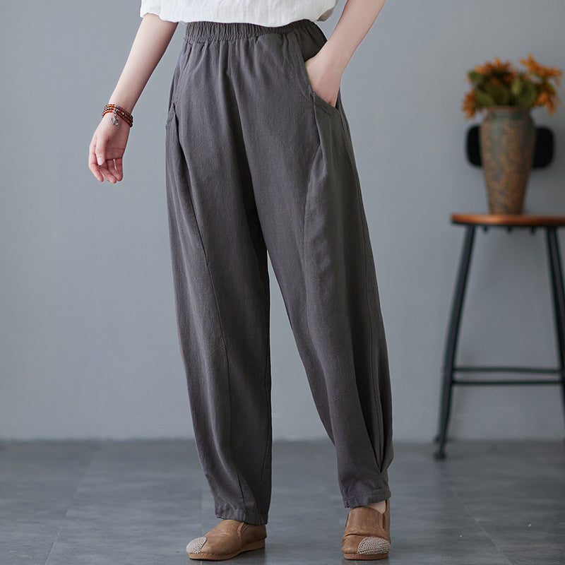 Pantalon décontracté taille élastique en coton et lin amincissant pour femme