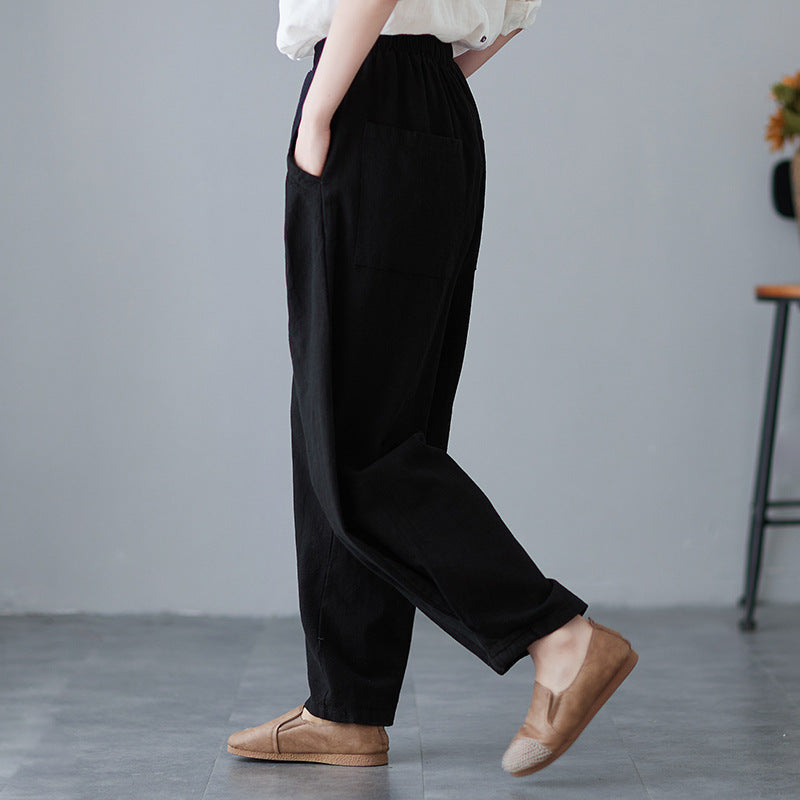 Pantalon décontracté taille élastique en coton et lin amincissant pour femme