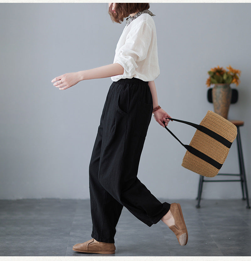 Pantalon décontracté taille élastique en coton et lin amincissant pour femme