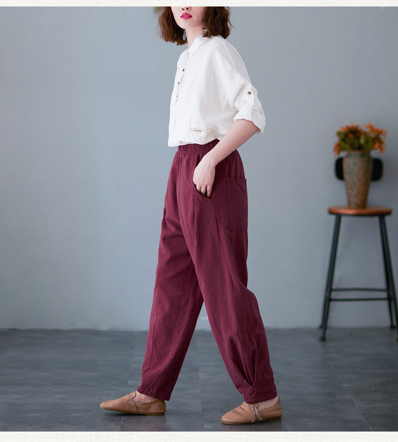 Pantalon décontracté taille élastique en coton et lin amincissant pour femme